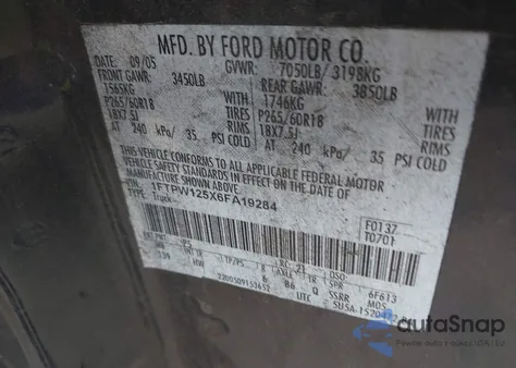 2006 Ford F-150 Lariat/Xlt из США, поврежденный, VIN 1FTPW125X6FA19284